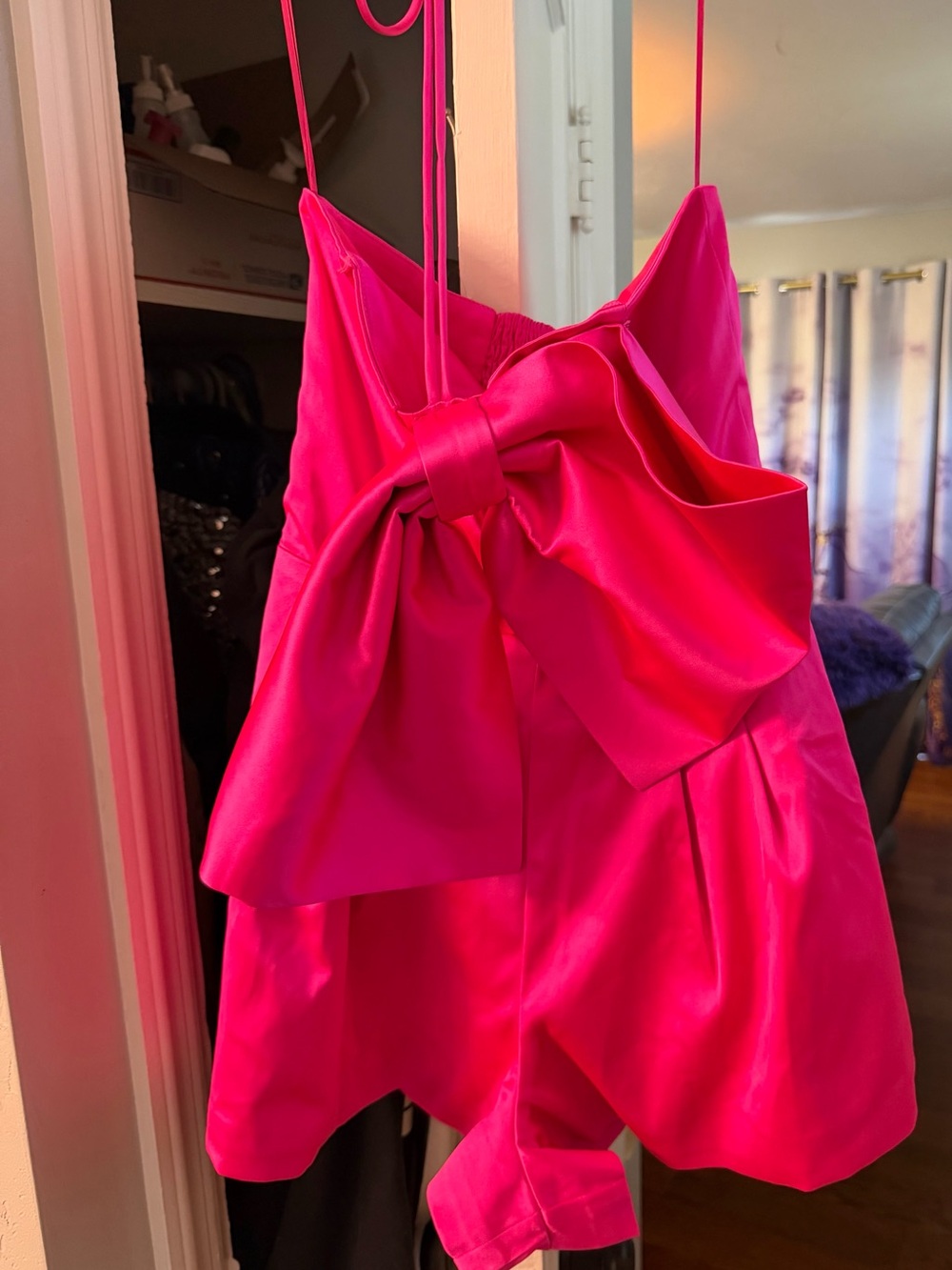 Fashion Nova Hot Pink Satin Bow Romper - Picture 4 of 6